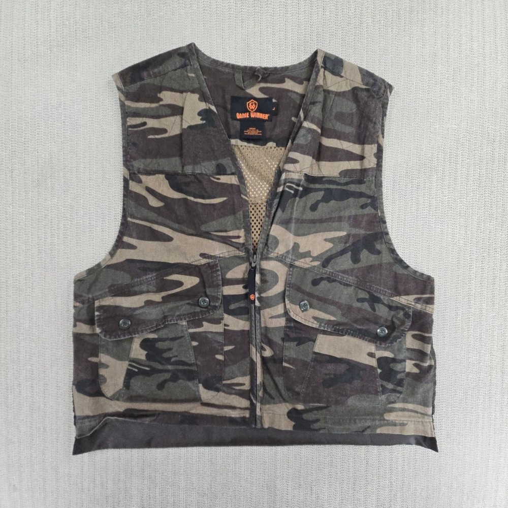 Game Winner Vest Mens Large Green Camo Canvas Full Zip Hunting Pockets Outdoor